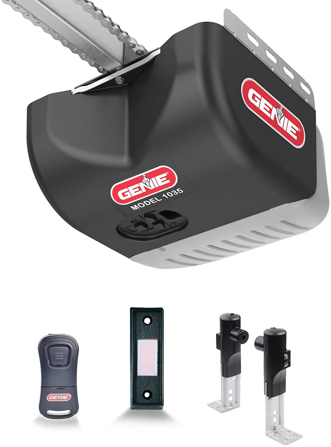 Genie Chain Drive 500 Garage Door Opener - Heavy Duty. Reliable Chain Drive - Includes 1 Pre-Programmed Garage Door Opener Remote. Lighted Wall Button. Safe-T-Beam System