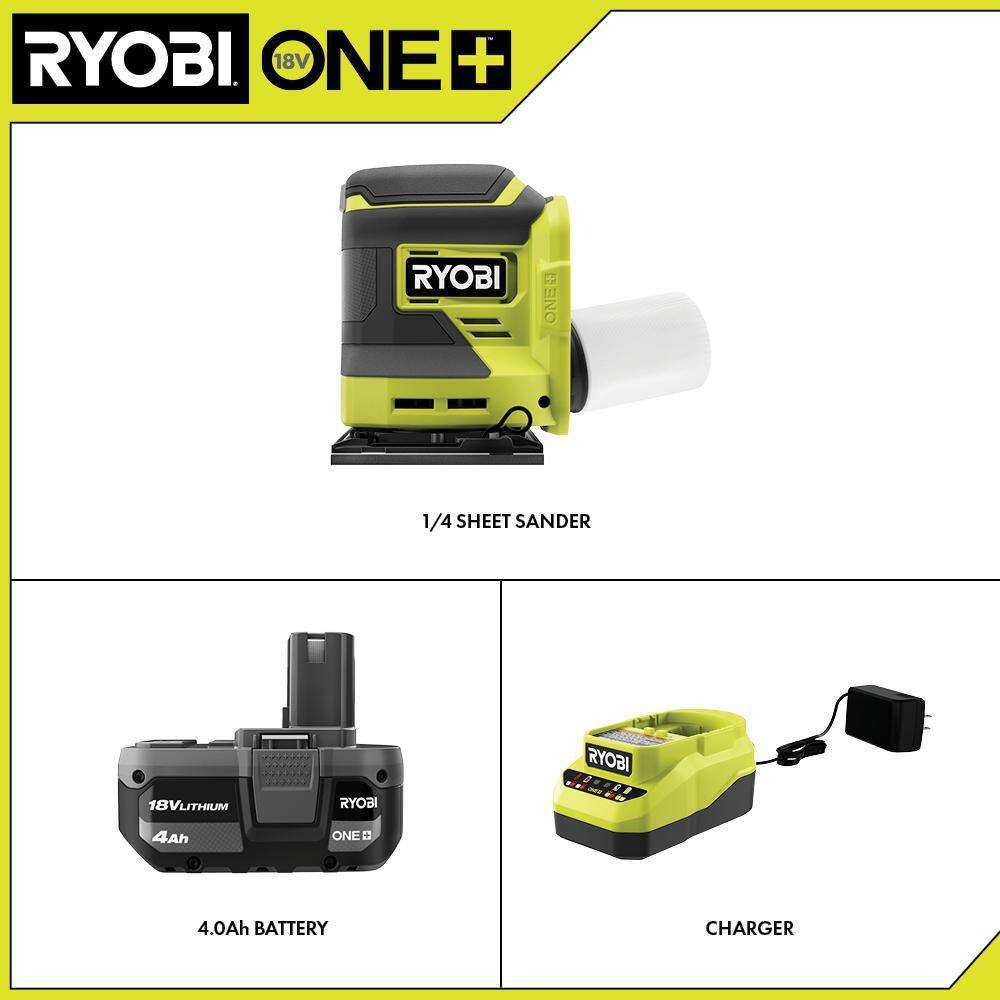 RYOBI PCL401K1 ONE+ 18V Cordless 1/4 Sheet Sander Kit with 4.0 Ah Battery and Charger