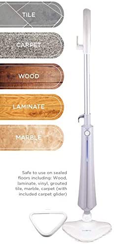 True & Tidy. Multi-Surface Heavy Duty Steam Mop. Includes Steam Mop. 1 Steam Mop Pad. Carpet Glider. & Water Cup. STM-300. Gray