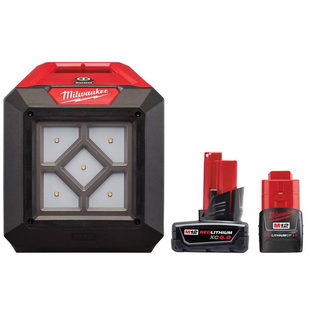 Milwaukee 2364-20-48-11-2460-48-11-2430 M12 12-Volt 1000 Lumens Lithium-Ion Cordless Rover LED Compact Flood Light with M12 6.0 Ah and M12 3.0 Ah Battery Packs