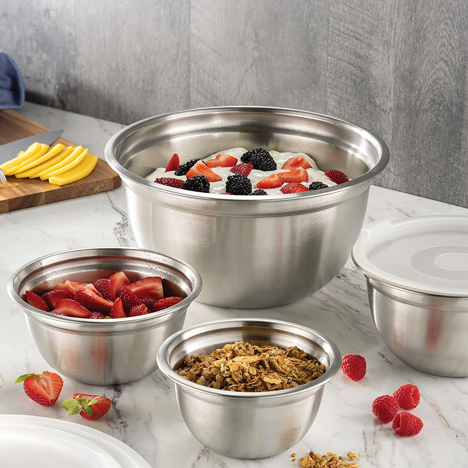 FineDine Mixing Bowls with Lids - 5 Deep Nesting Mixing Bowls for Kitchen Storage - Silver Stainless Steel Mixing Bowl Set - Large Mixing Bowl for Cooking Food. Baking. Breading. Salad or Meal Prep