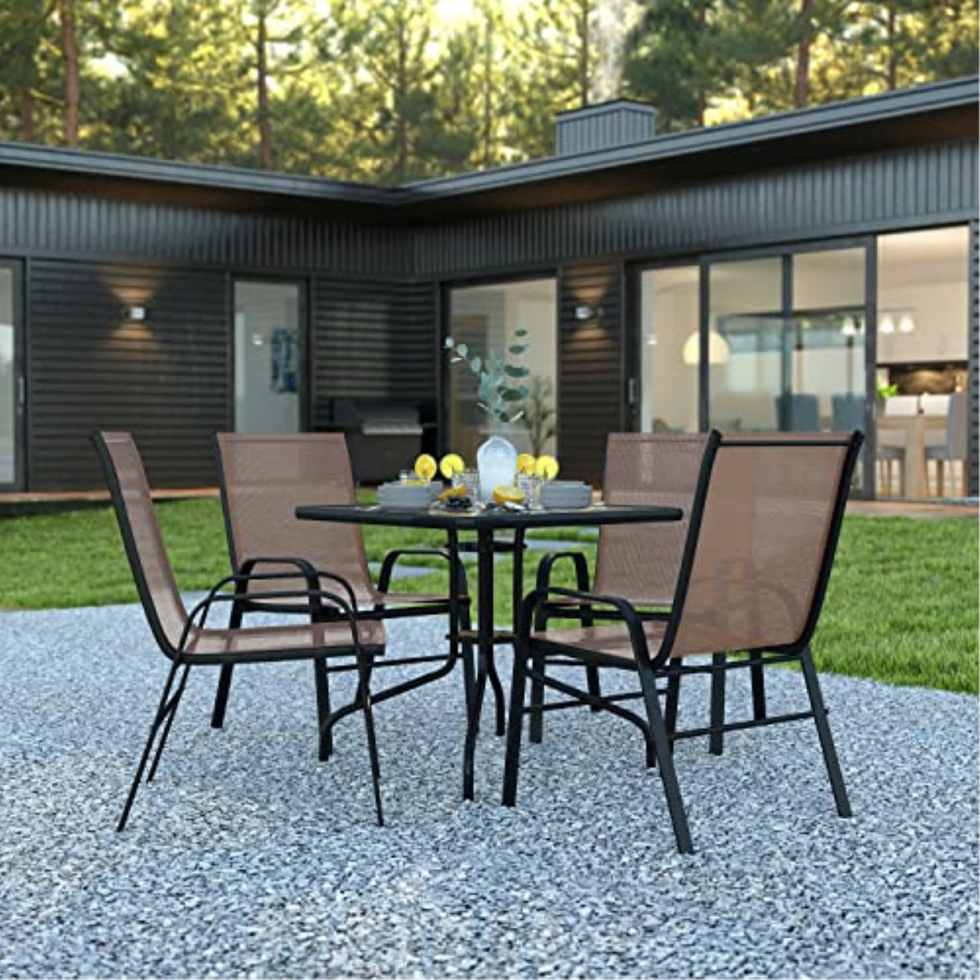 Flash Furniture Brazos Series 5-Piece Steel Glass Patio Table and Chair Set. Brown