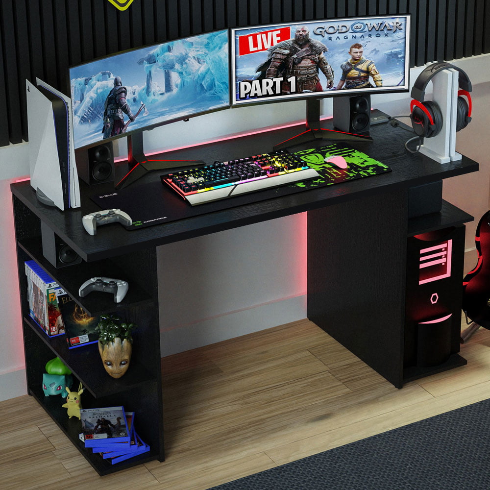 Madesa 53 inch Gaming Computer Desk with Shelves. Home Office Desk Writing Workstation. Wood - Black