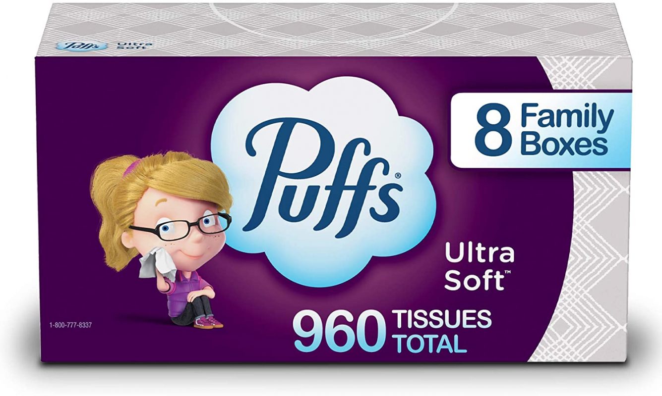 Puffs Ultra Soft Non-Lotion Facial Tissues. 8 Family Boxes. 120 Tissues/ Box