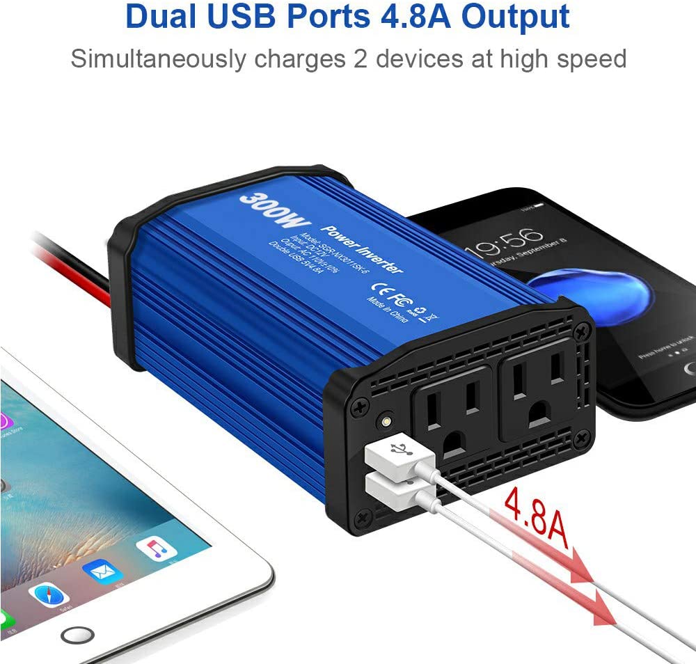 GelooWork 300W Power Inverter DC 12V to 110V AC Car Charger Converter with 4.8A Dual USB Ports (Blue)