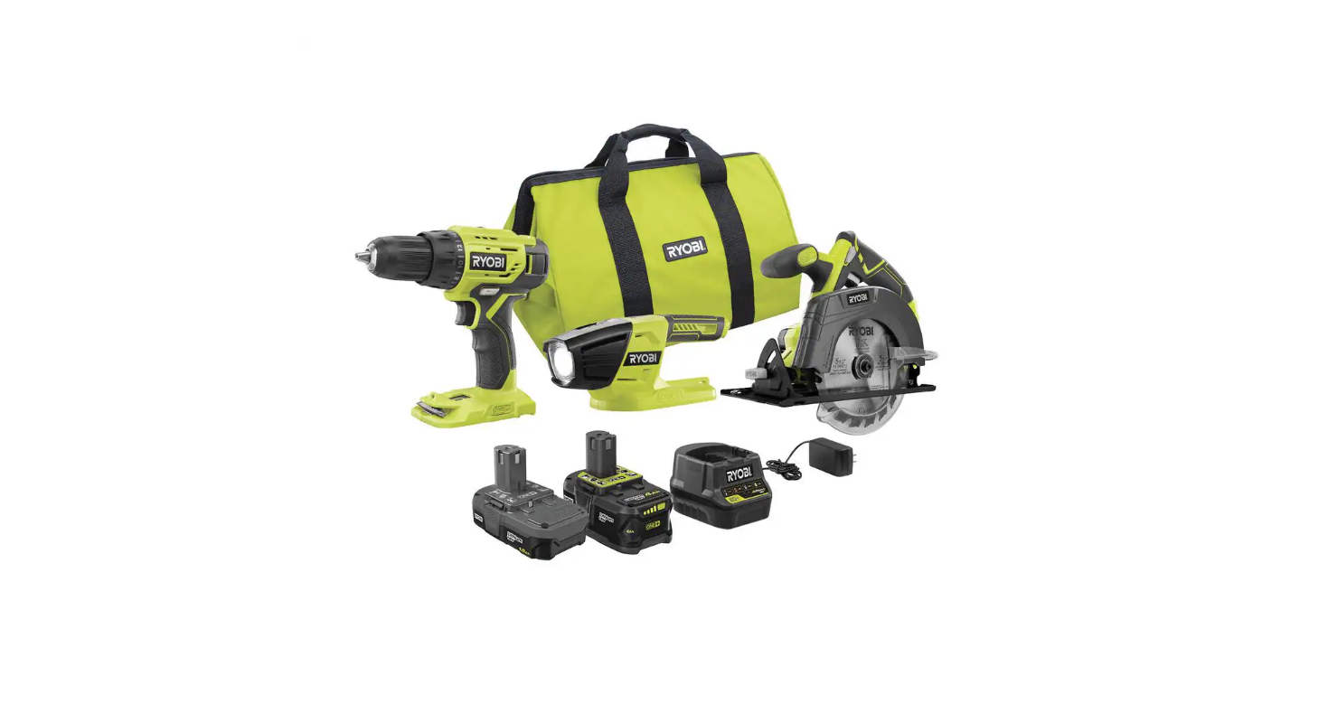 RYOBI PCK101KN ONE+ 18V Lithium-ion Cordless 3-Tool Combo Kit with (1) 4.0 Ah Battery. (1) 1.5 Ah Battery. Charger. and Bag