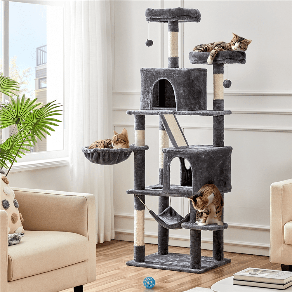 SmileMart 71.5″ H Multi-Level Large Cat Tree with 2 Cozy Perches and 2 Condos. Dark Gray
