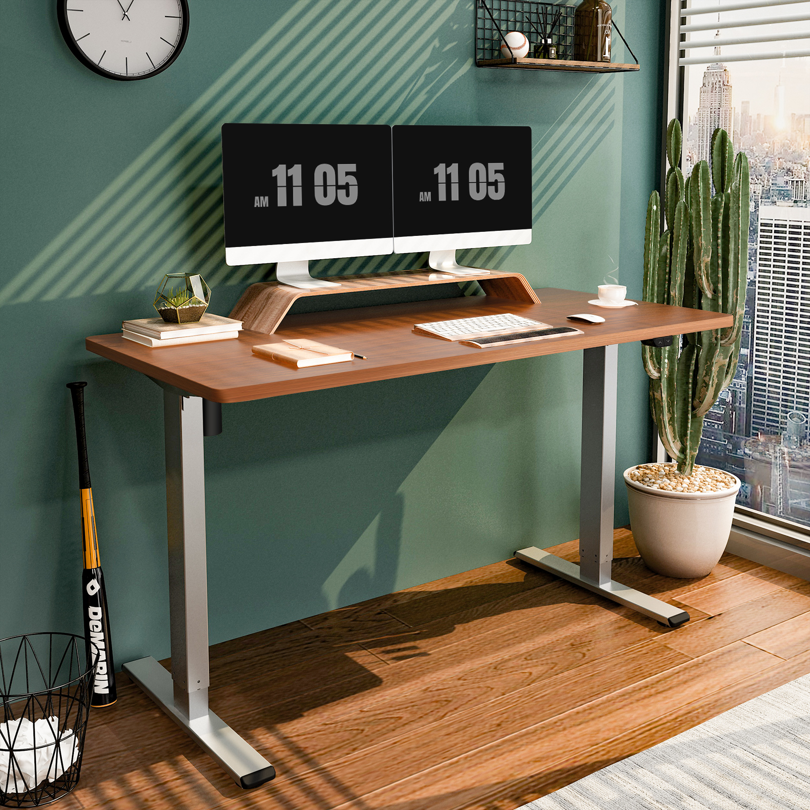 FLEXISPOT 55″x28″ Ergonomic Home Office Electric Height Adjustable Standing Desk Gray and Mahogany