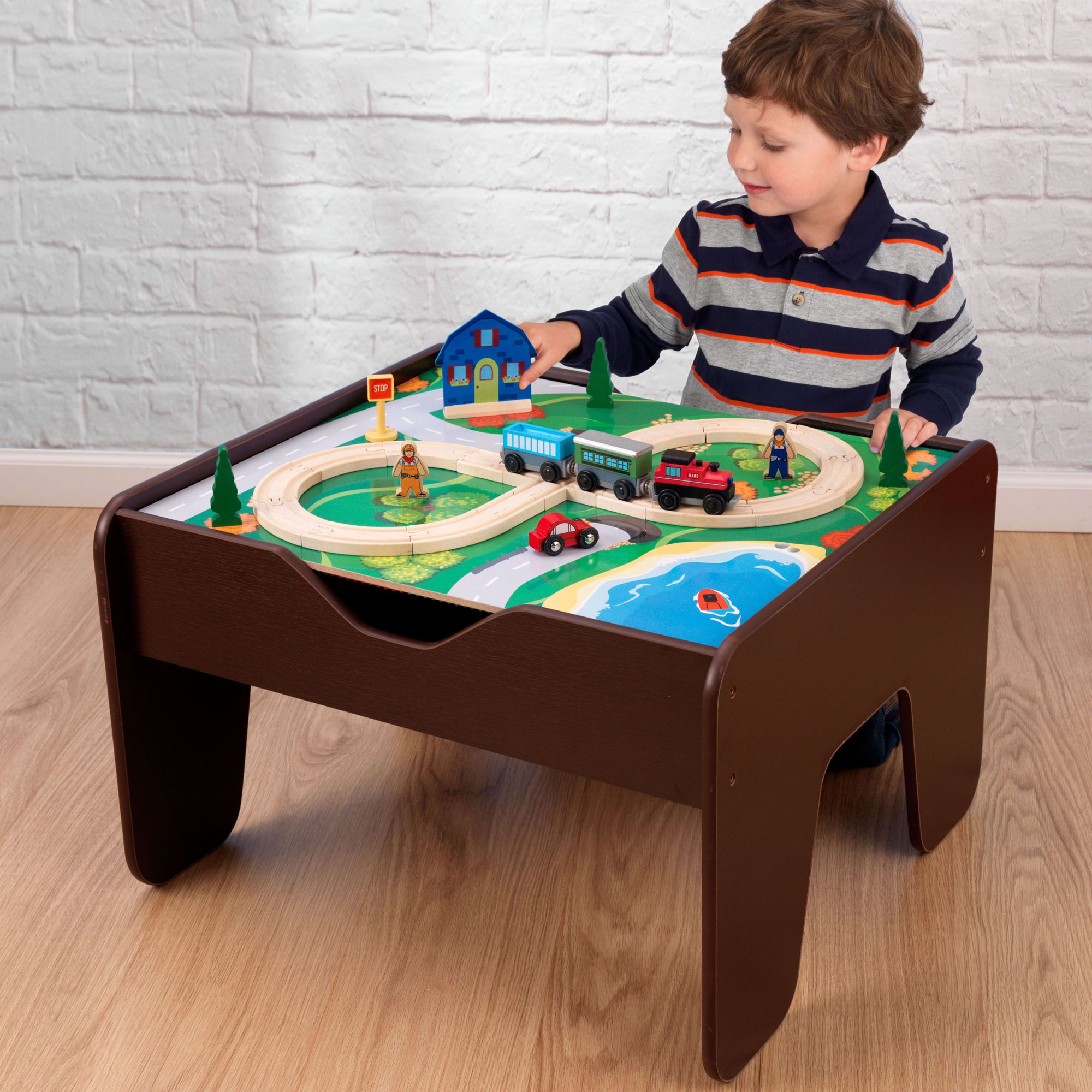 KidKraft Reversible Wooden Activity Table with Board and Train Set. Espresso