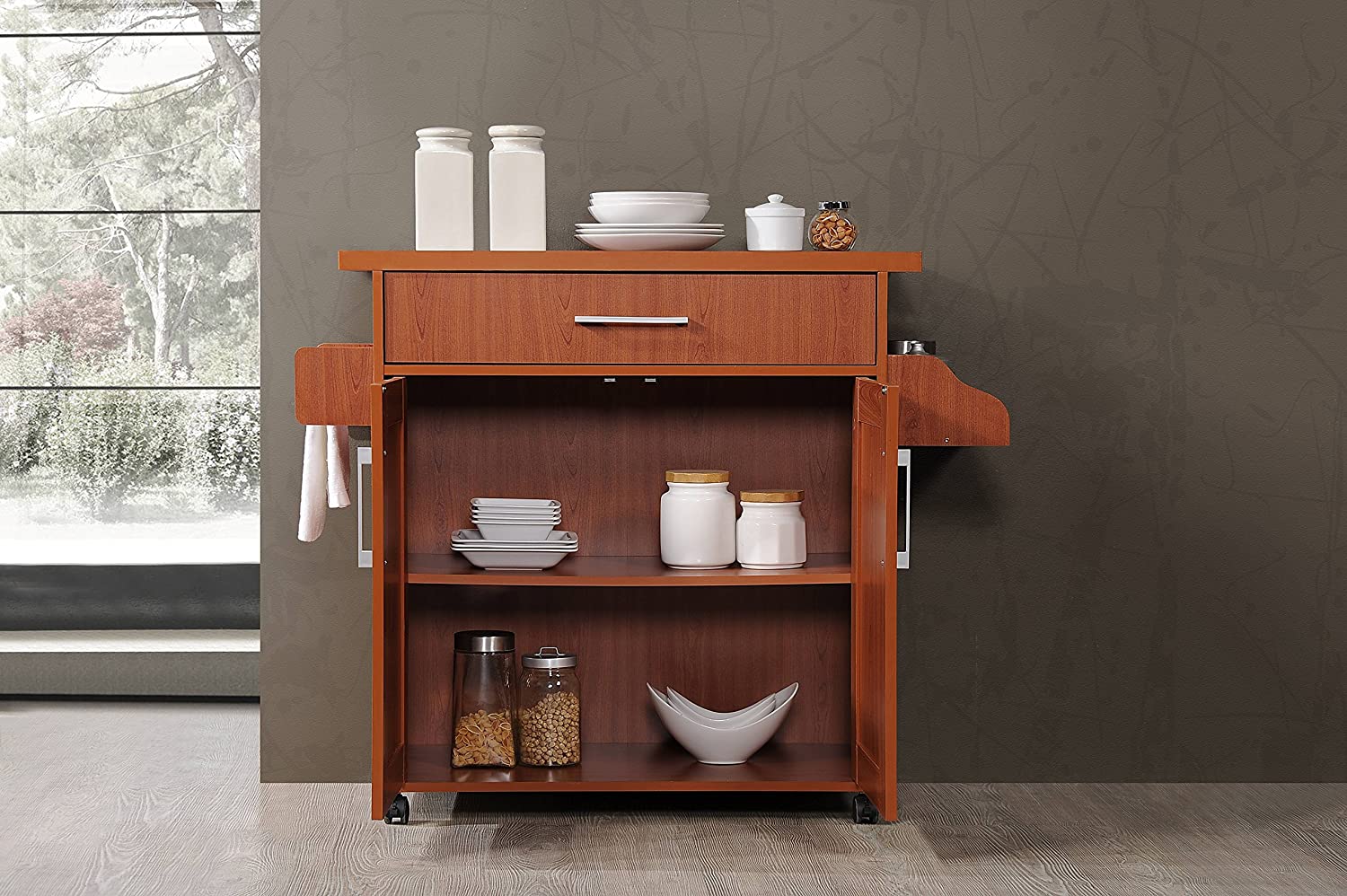Hodedah Kitchen Island with Spice Rack. Towel Rack & Drawer. Cherry