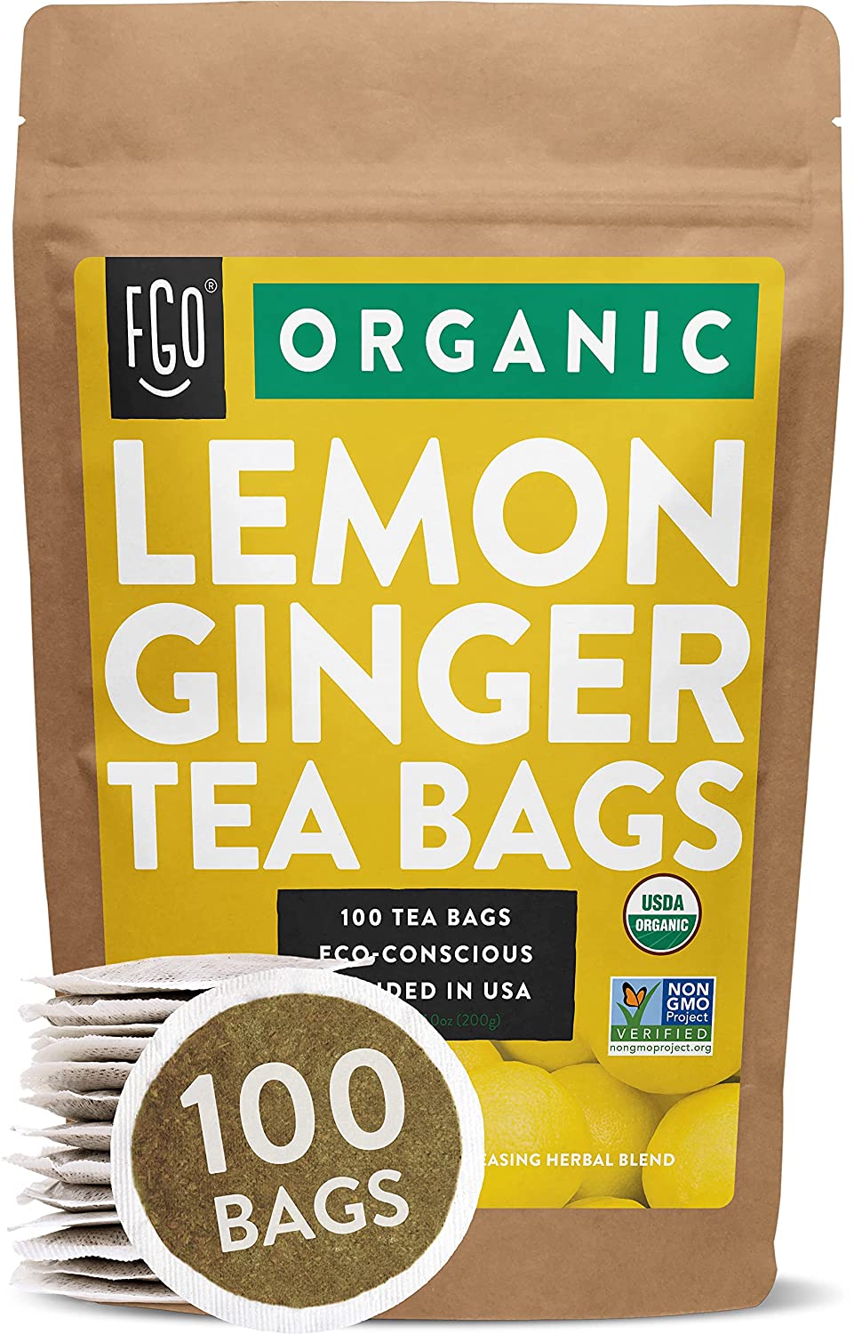 FGO Organic Lemon Ginger Tea Bags 100 Tea Bags Eco-Conscious Tea Bags in Kraft Bag