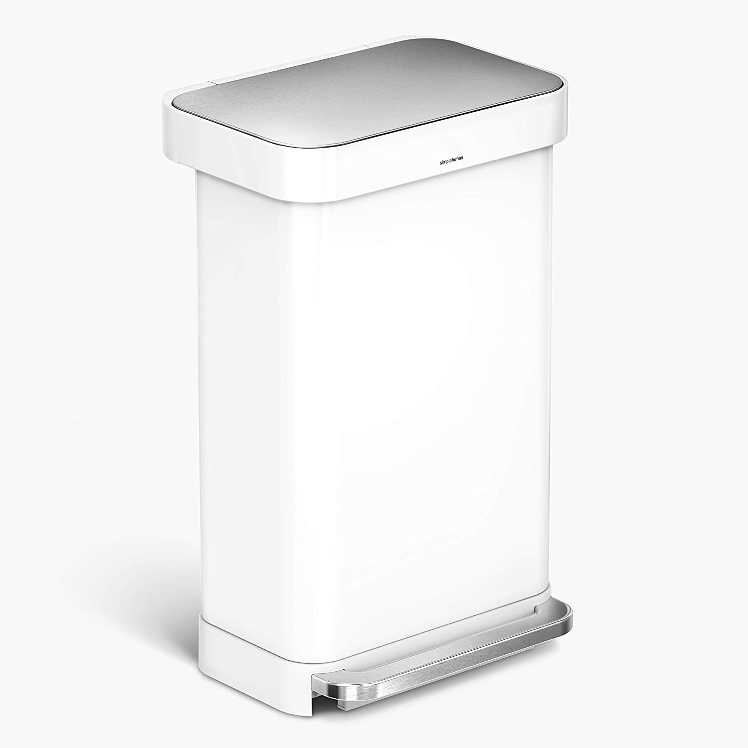 simplehuman 45 Liter Rectangular Hands-Free Kitchen Step Soft-Close Lid Trash can. White Stainless Steel