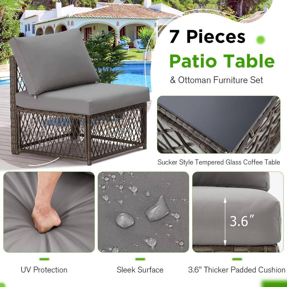 AECOJOY  Gray 7-Pieces Patio PE Rattan Wicker Sofa Set Outdoor Sectional Conversation Furniture Set with Gray Cushions
