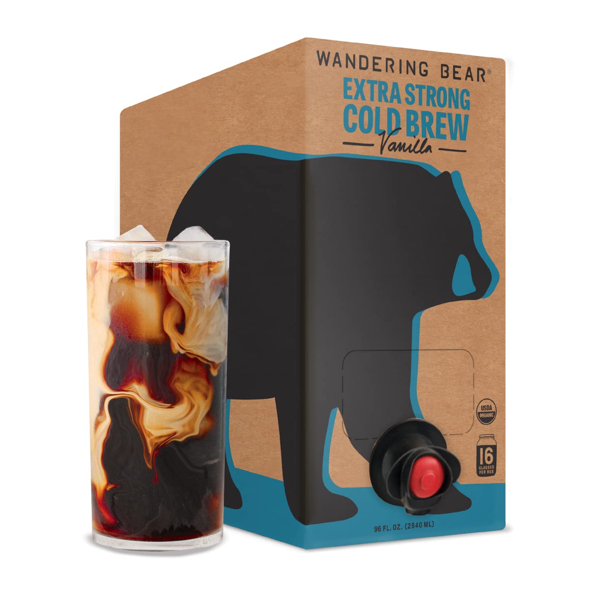 Wandering Bear Extra Strong Organic Cold Brew Coffee On Tap. Vanilla 96 fl oz - Smooth. Unsweetened. Shelf-Stable. and Ready to Drink Cold Brew