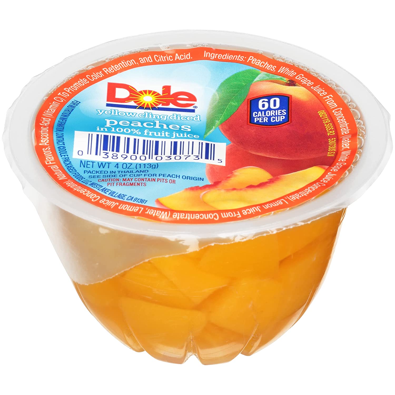 DOLE FRUIT BOWLS Diced Peaches in 100% Fruit Juice. 4 Ounce (36 Cups)