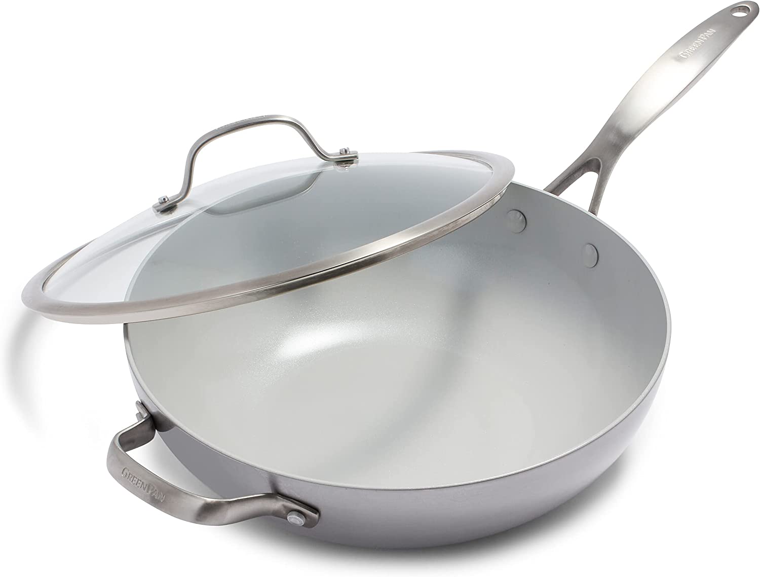 GreenPan Venice Pro Tri-Ply Stainless Steel Healthy Ceramic Nonstick 12″ Wok Pan with Helper Handle and Lid. PFAS-Free. Multi Clad. Induction. Dishwasher Safe. Oven Safe. Silver ( CC002258-001)