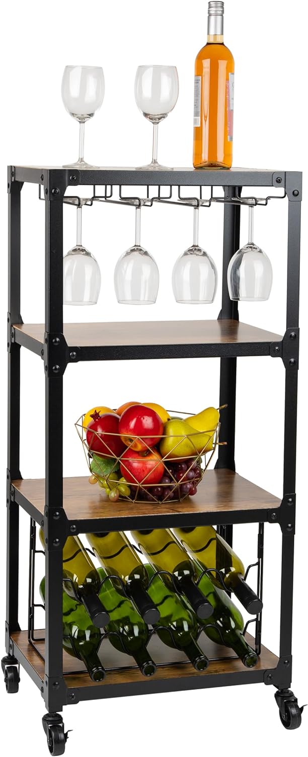 Mind Reader Mobile Kitchen Cart with Wine Rack and Stemware Storage. Black