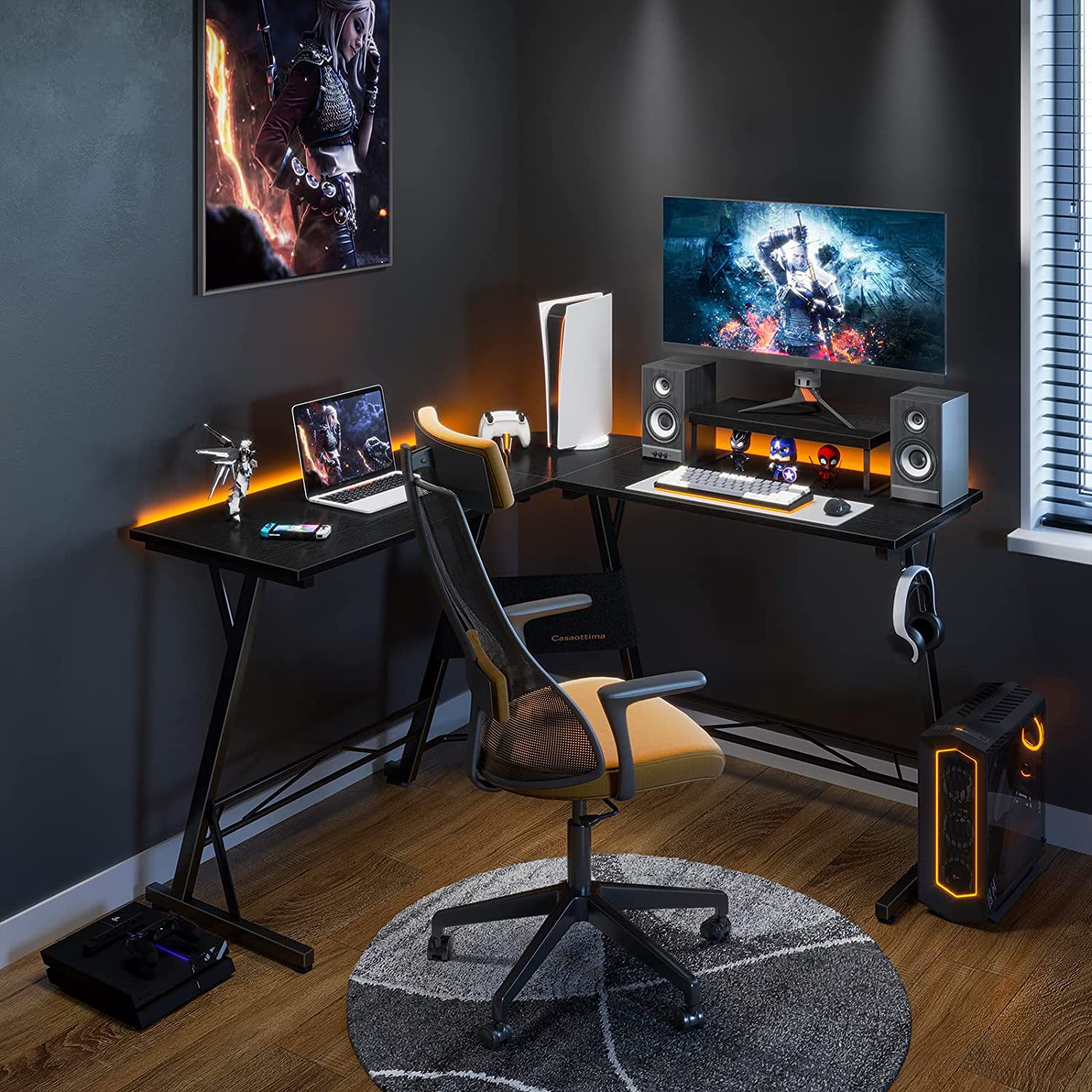 Casaottima 51″ L Shaped Gaming Desk. Computer Desk with Monitor Stand Desk Workstation. Natural Black