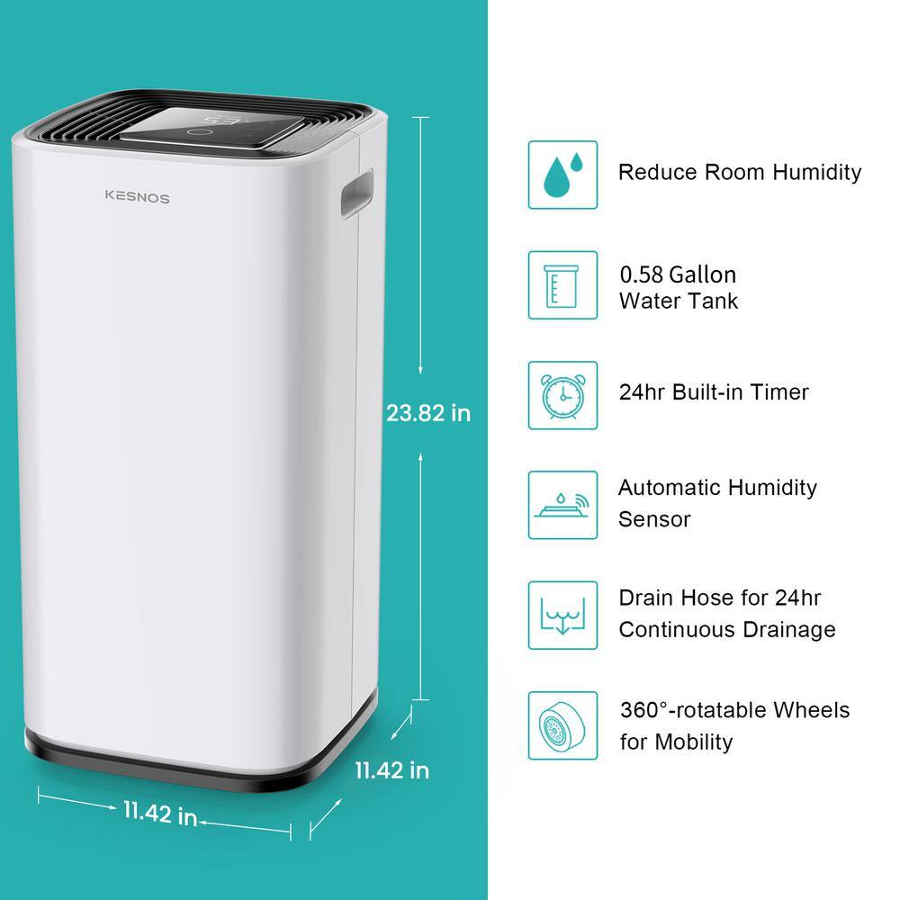 KESNOS HDCX-PD253D-1 70-Pint Capacity Home Dehumidifier With Bucket And Drain for 5.000 sq. ft. Indoor Use. White
