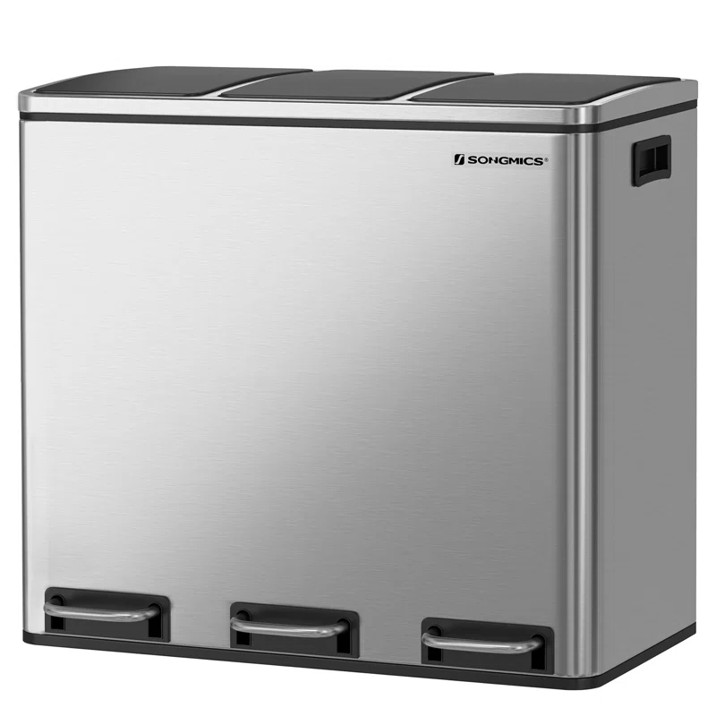 SONGMICS ULTB54NL Trash Can. 3 x 4.8 Gallon Garbage Can. 14.4 Gallon Recycle Bin with Soft-Close Lids. Pedals. and Inner Buckets for Kitchen. Stainless Steel. Silver and Black