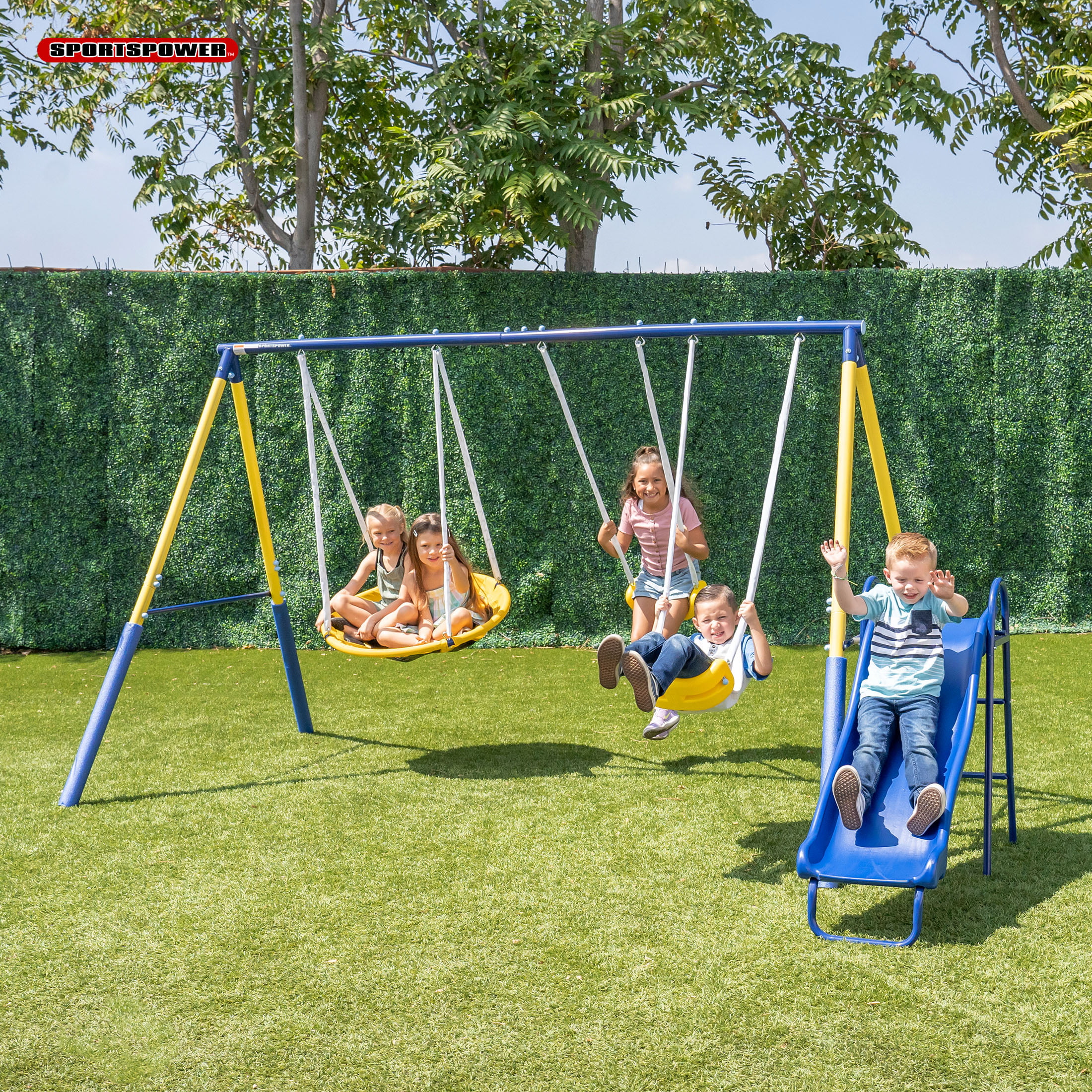 Sportspower Super Saucer Metal Swing Set with 2 Swings. Saucer Swing and a 1pc Heavy Duty Slide