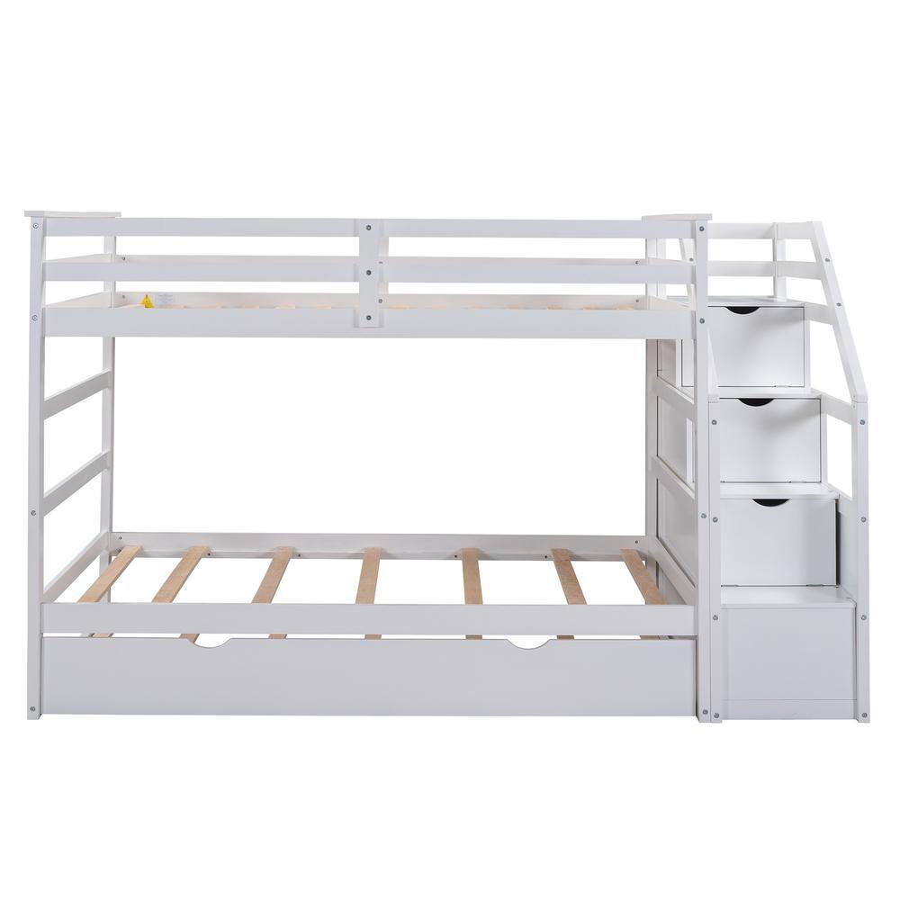 Qualler  White Twin Over Twin Bunk Bed with Twin Size Trundle and Storage Stairs