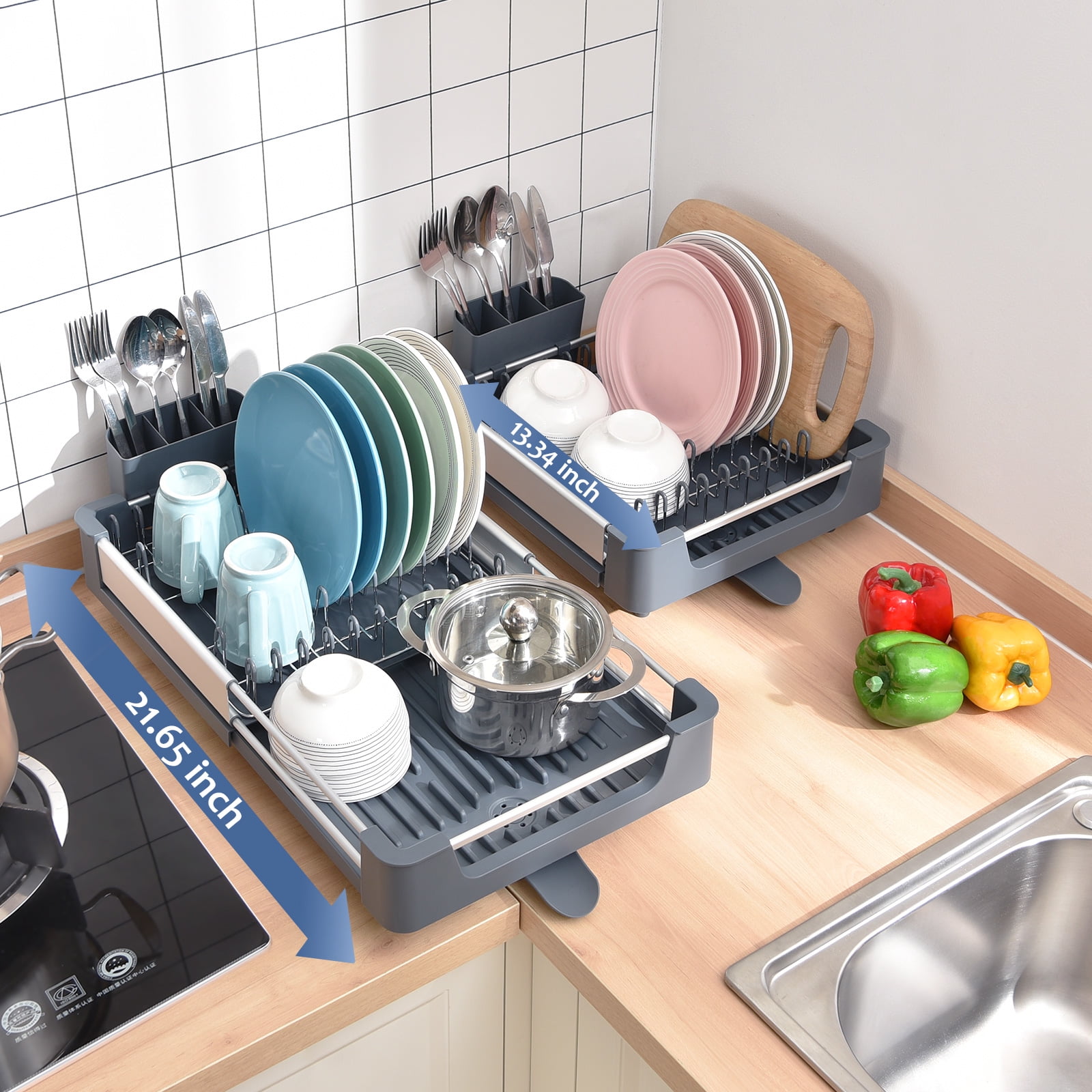 KK Kingrack Aluminum Extendable Dish Drying Rack. Adjustable Dish Drainer for Kitchen. Kitchen Countertop Storage Dish Rack