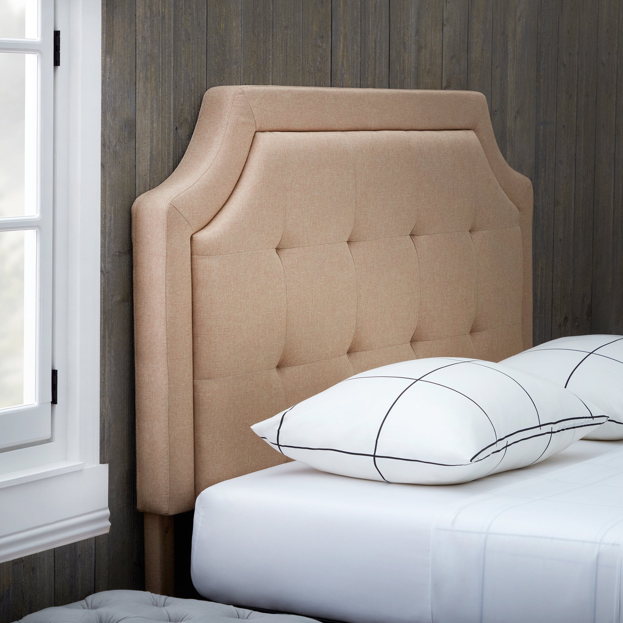 Rest Haven Scallop Edged Upholstered Headboard. Full/Full XL. Beige