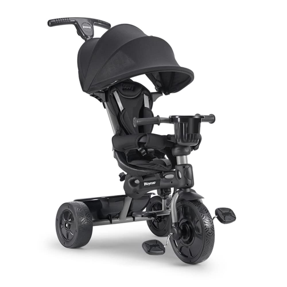 Joovy Tricycoo 4.1 Kids Tricycle with 4-Stages Featuring Extra-Wide Front Tire. Removable and Adjustable Parent Handle. Safety Harness. Machine-Washable Seat Pad. and Retractable Canopy (Black)