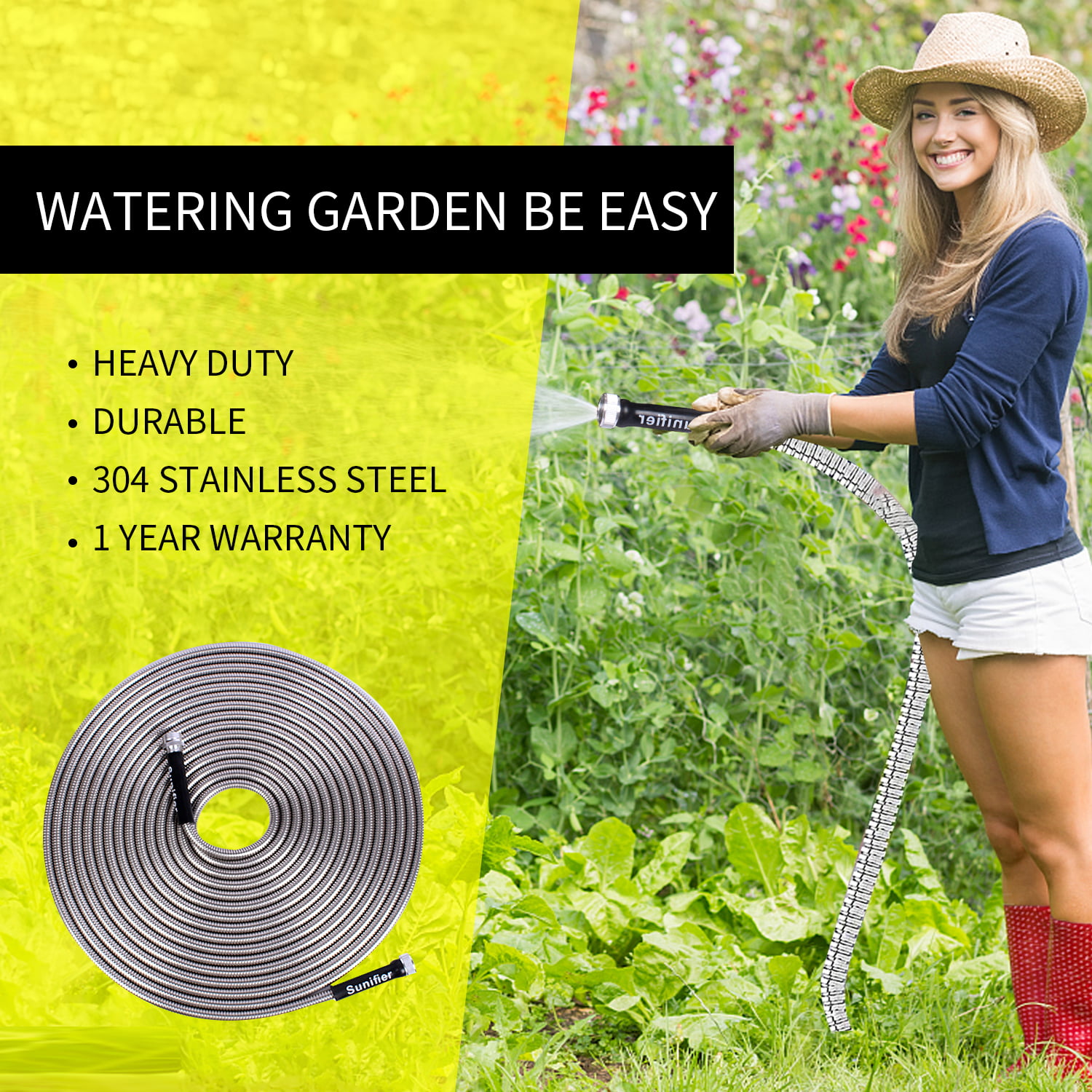 Metal Garden Hose 50 Ft With Hose Nozzle. Flexible Stainless Steel Garden Hose 50 Ft. Heavy Duty Water Hose for Garden (50FT)