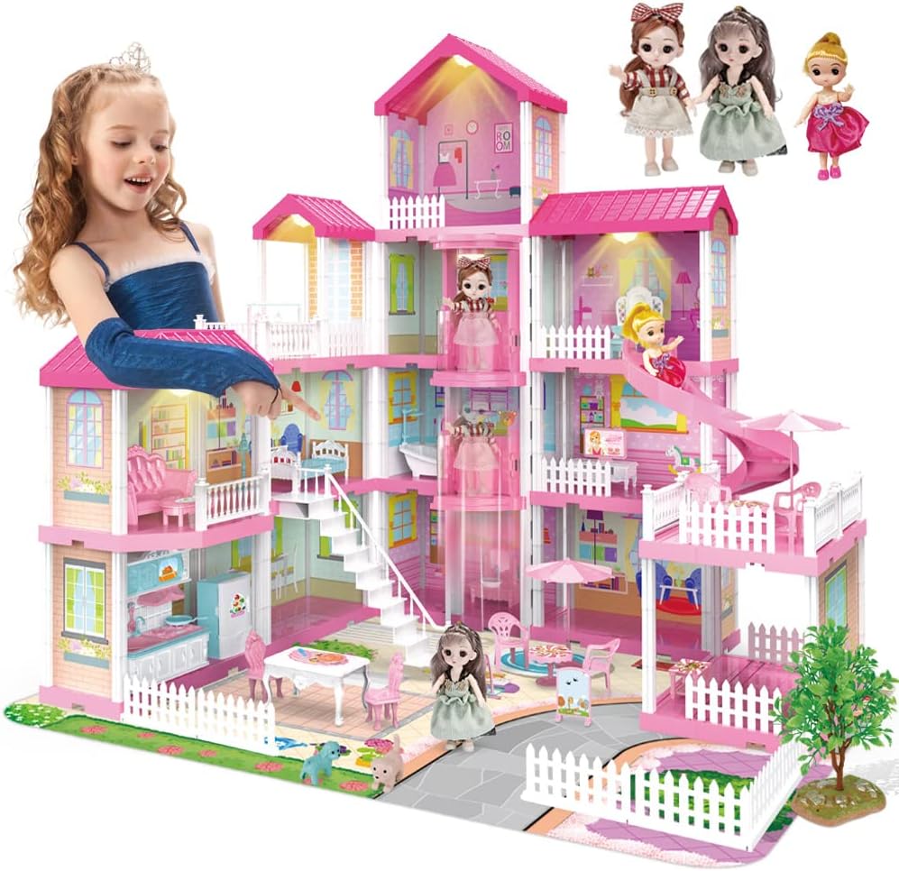 Dreamy Dollhouse Playset with Elevator.Slide.Stairway.Lights.Furniture.Accessories.Pretend Play Dreamhouse with 3 Dolls& 2 Pets.Best DIY Doll House for 3 4 5 6 7 8 Year Old Kids Girls (13 Rooms)