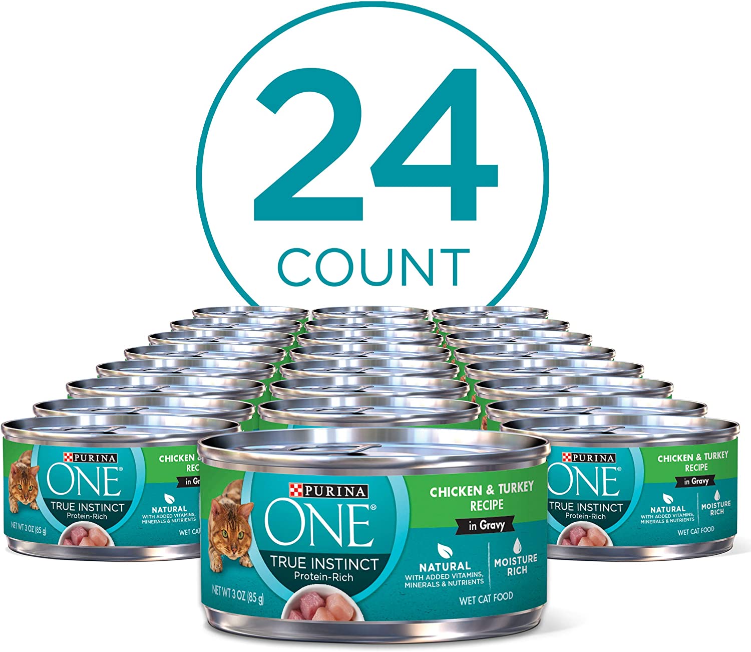 Purina ONE Natural High Protein Wet Cat Food True Instinct Chicken and Turkey Recipe in Gravy - (24) 3 oz. Pull-Top Cans