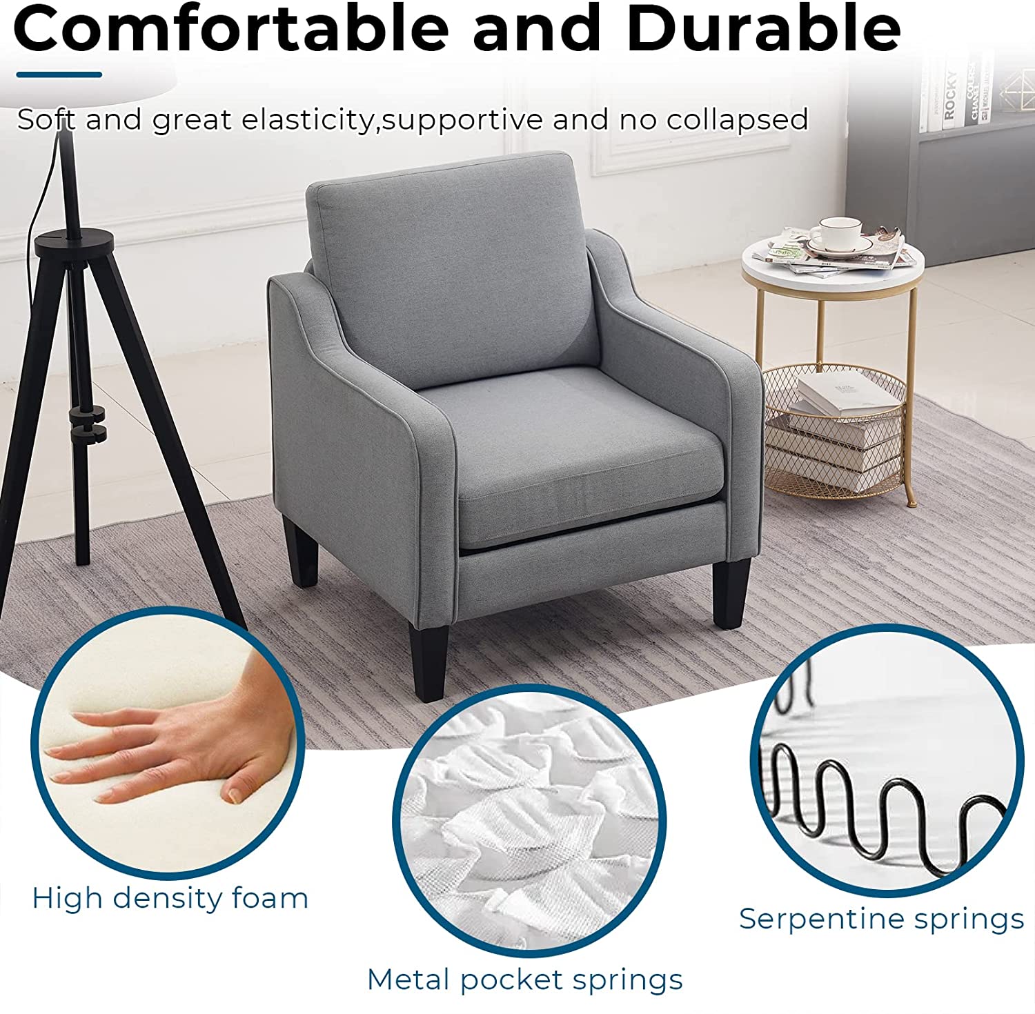 VINGLI Mid-Century Modern Accent Chair.Living Room Upholstered Armchair with Scooped Arms for Bedroom.Apartment.Studio.Office.Waiting Room.Light Gray