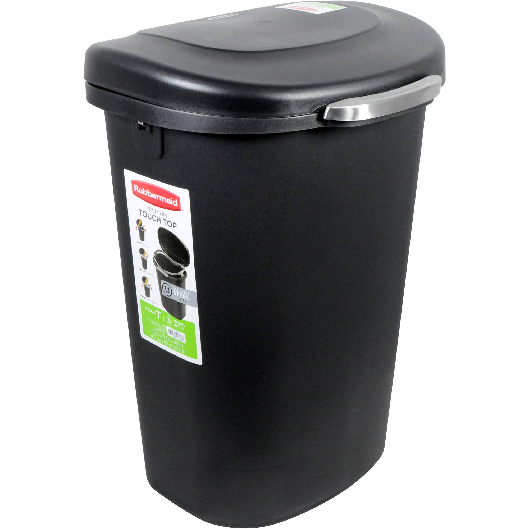 Rubbermaid 13 gal Premium Touch Top Plastic Kitchen Trash Can. Black
