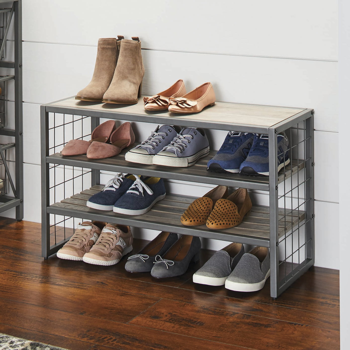 Better Homes & Gardens Farmhouse 3 Tiers.12-Compartment Garment Shoe Rack wood.  Gray