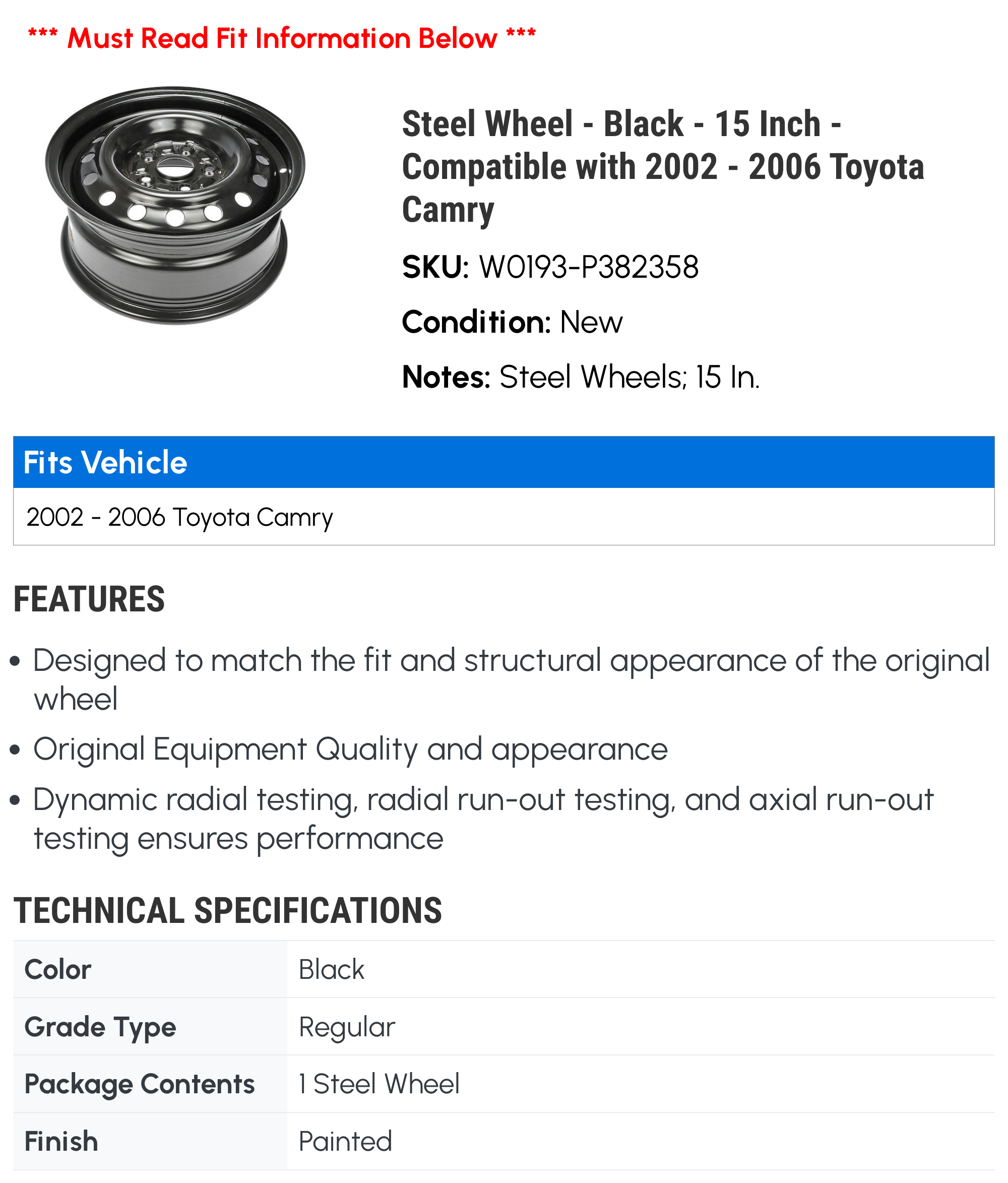 Steel Wheel - Black - 15 Inch - Compatible with 2002 - 2006 Toyota Camry 2003 2004 2005