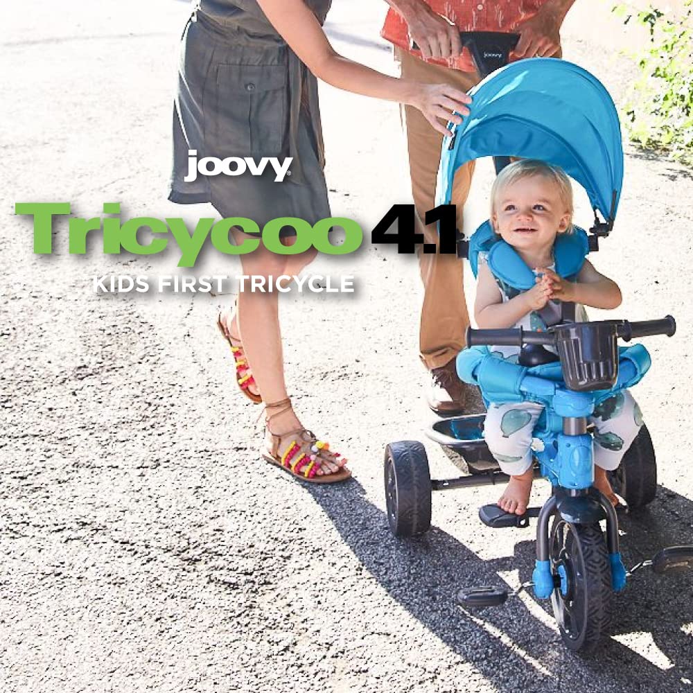 Joovy Tricycoo 4.1 Kids Tricycle with 4-Stages Featuring Extra-Wide Front Tire. Removable and Adjustable Parent Handle. Safety Harness. Machine-Washable Seat Pad. and Retractable Canopy (Blue)
