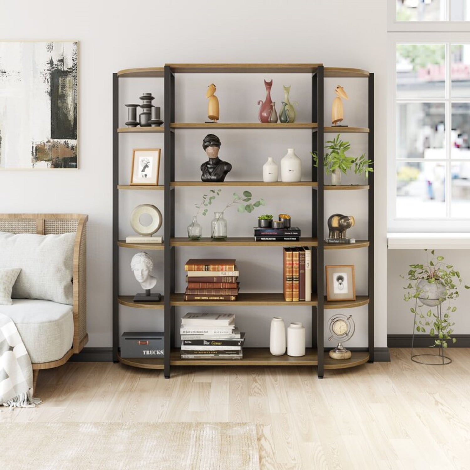 Homfa Book Shelves and Bookcase. 6 Shelves Standing Bookshelf. Wood Triple Wide Etagere for Home Office. Rustic Brown