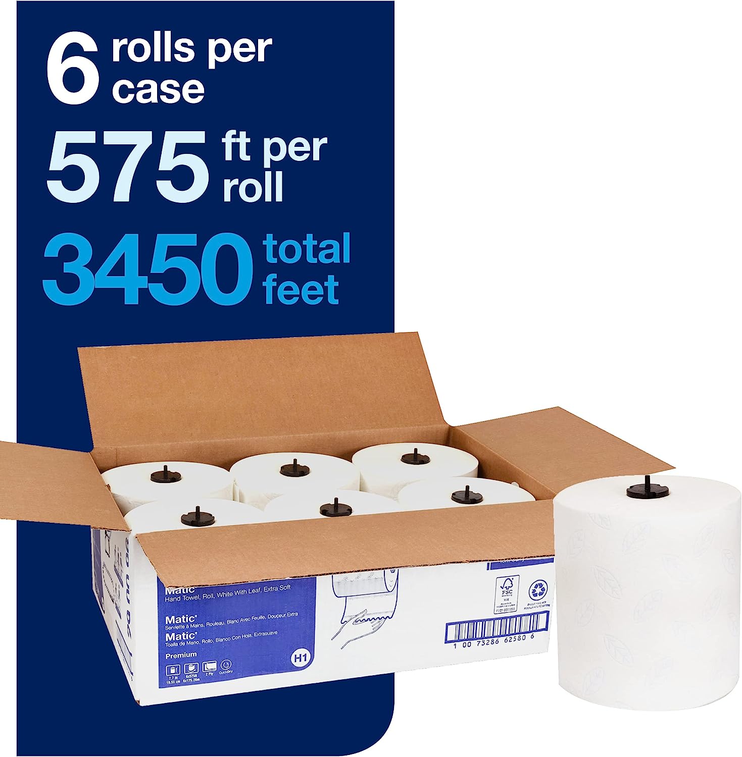 Tork Matic Soft Hand Towel Roll. White. Premium. H1. Quick-Absorbing. Long-Lasting. Thick 2-Ply. 6 Rolls x 575 ft. 290096
