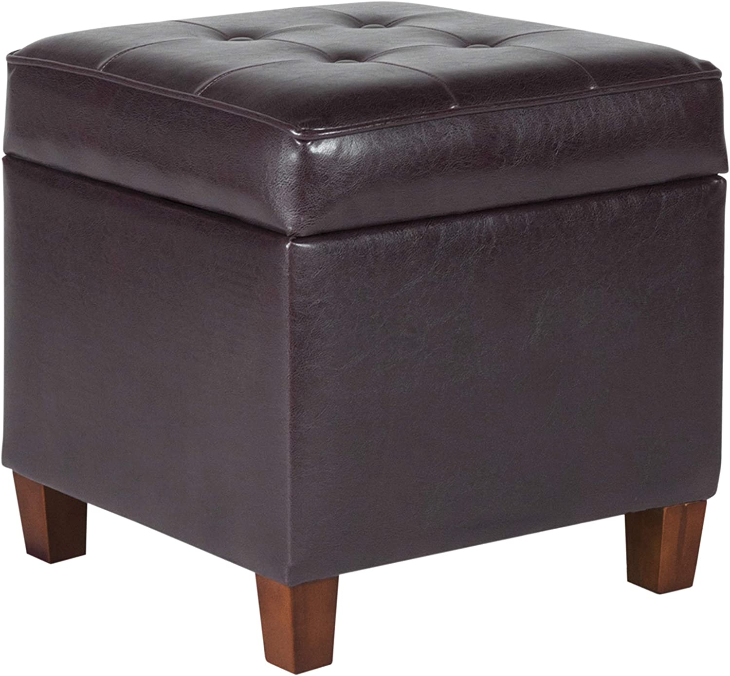 HomePop Leatherette Tufted Square Storage Ottoman with Hinged Lid. Brown