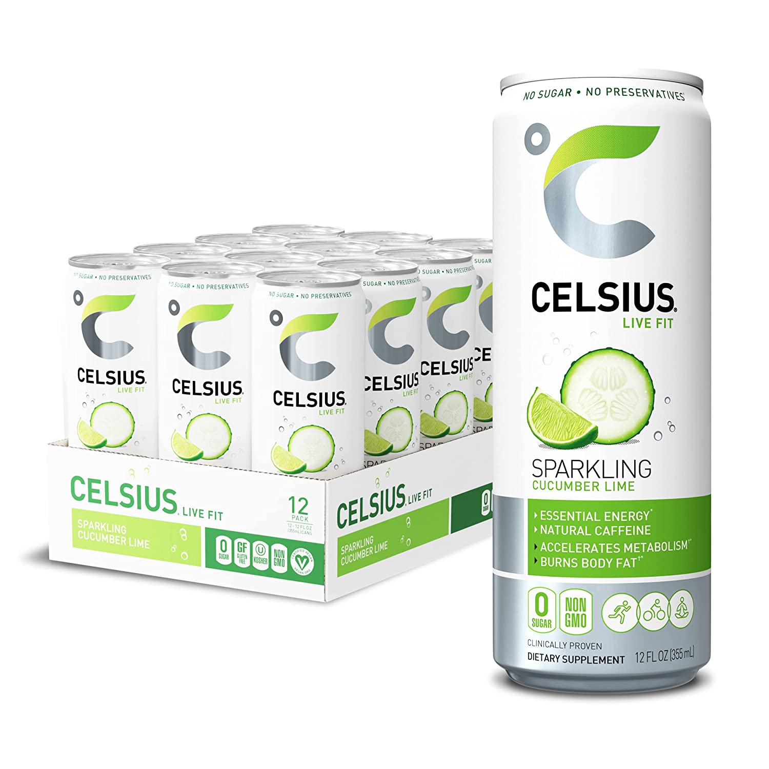 CELSIUS Sweetened with Stevia Sparkling Cucumber Lime Fitness Drink. Zero Sugar. 12oz. Slim Can (Pack of 12)