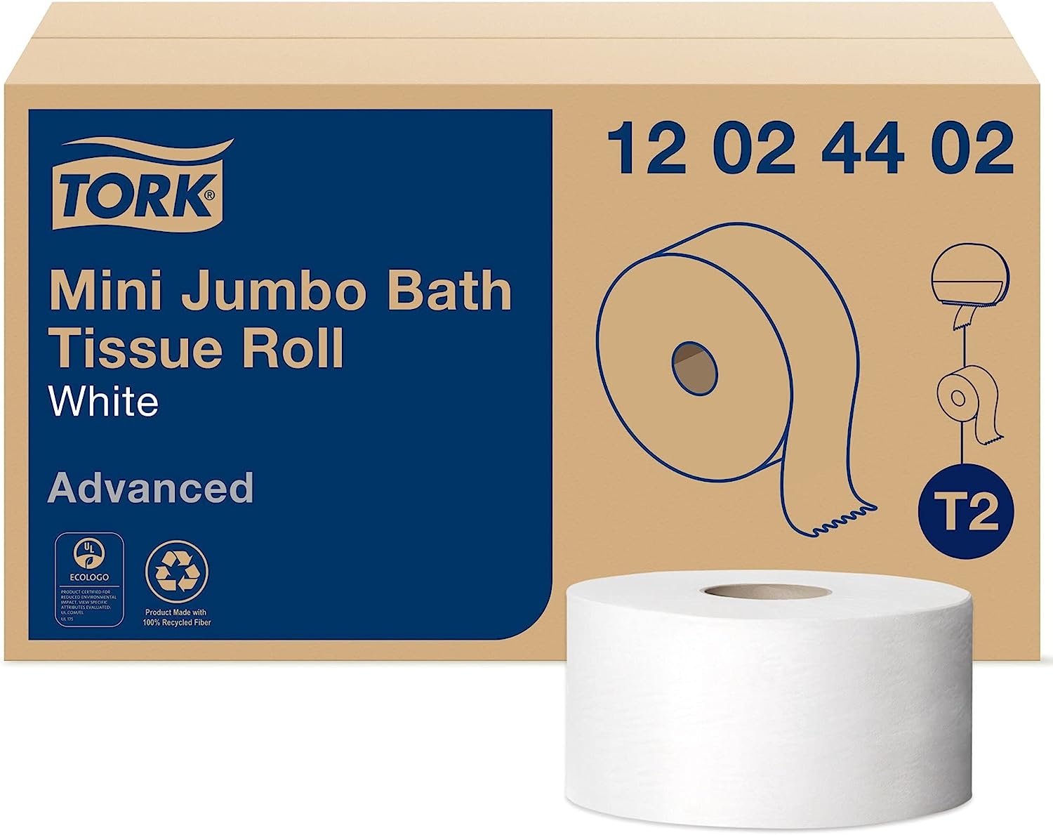 Tork Mini Jumbo Toilet Paper Roll White T2. Advanced. 2-Ply. 12 x 751′. 12024402