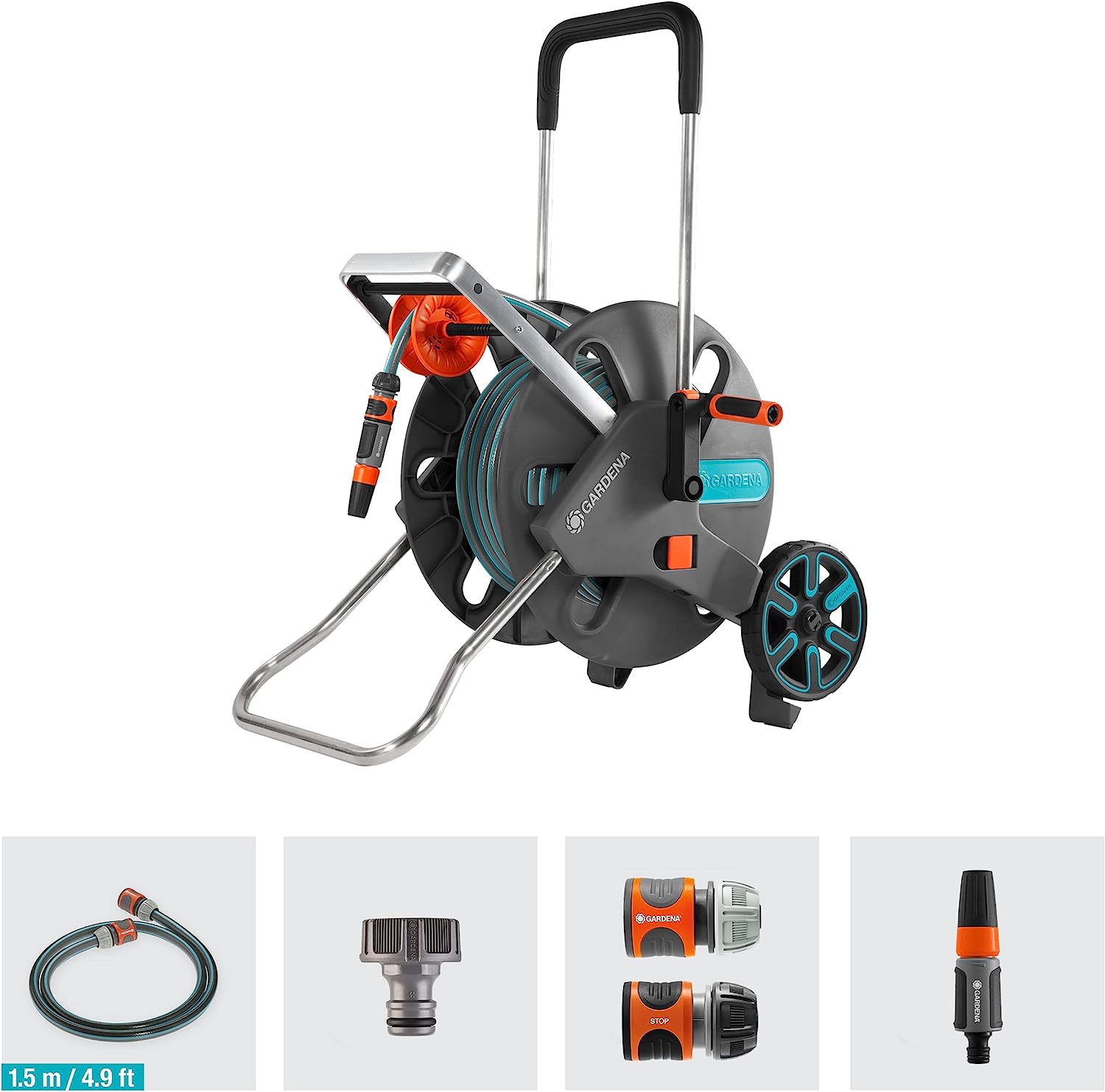 Gardena 18522-80 Frost Proof Hose Cart with Hose Guide. Includes 82 ft ½ Hose. 5 ft Connection Hose. Nozzle. and Adapters. Holds 328 ft ½ Hose. Durable Construction