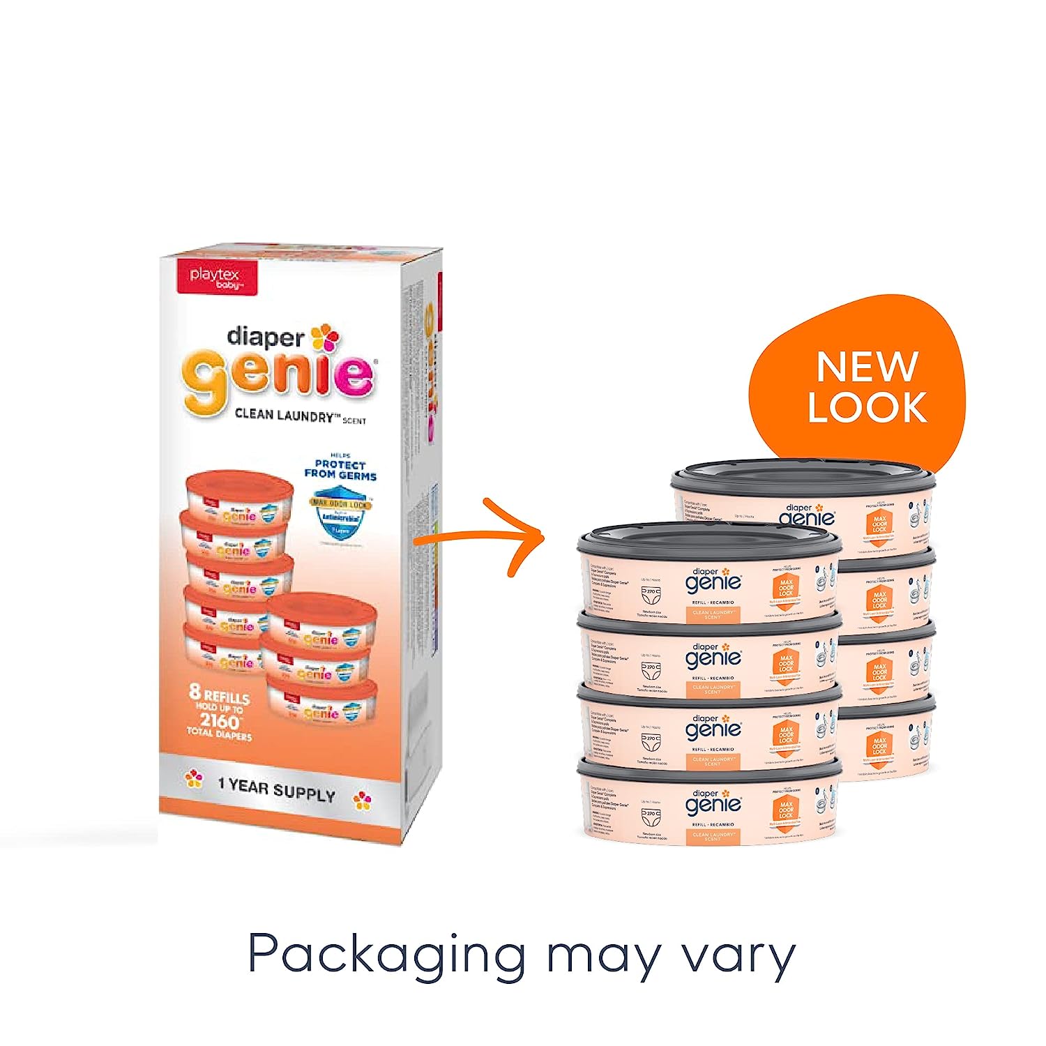 Diaper Genie Bags Refills 270 (Pack of 8) Clean Laundry Scent | Diaper Pail Refills with Max Odor Lock | Holds up to 2160 Newborn Diapers