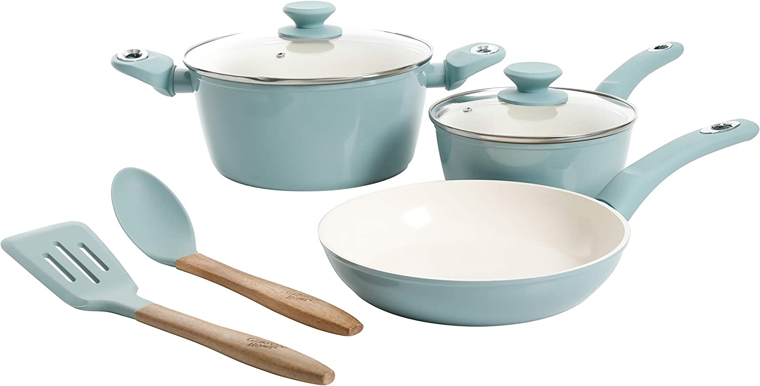 Gibson Home Plaza Café Forged Aluminum Healthy Ceramic Cookware. 7-Piece Set. Sky Blue