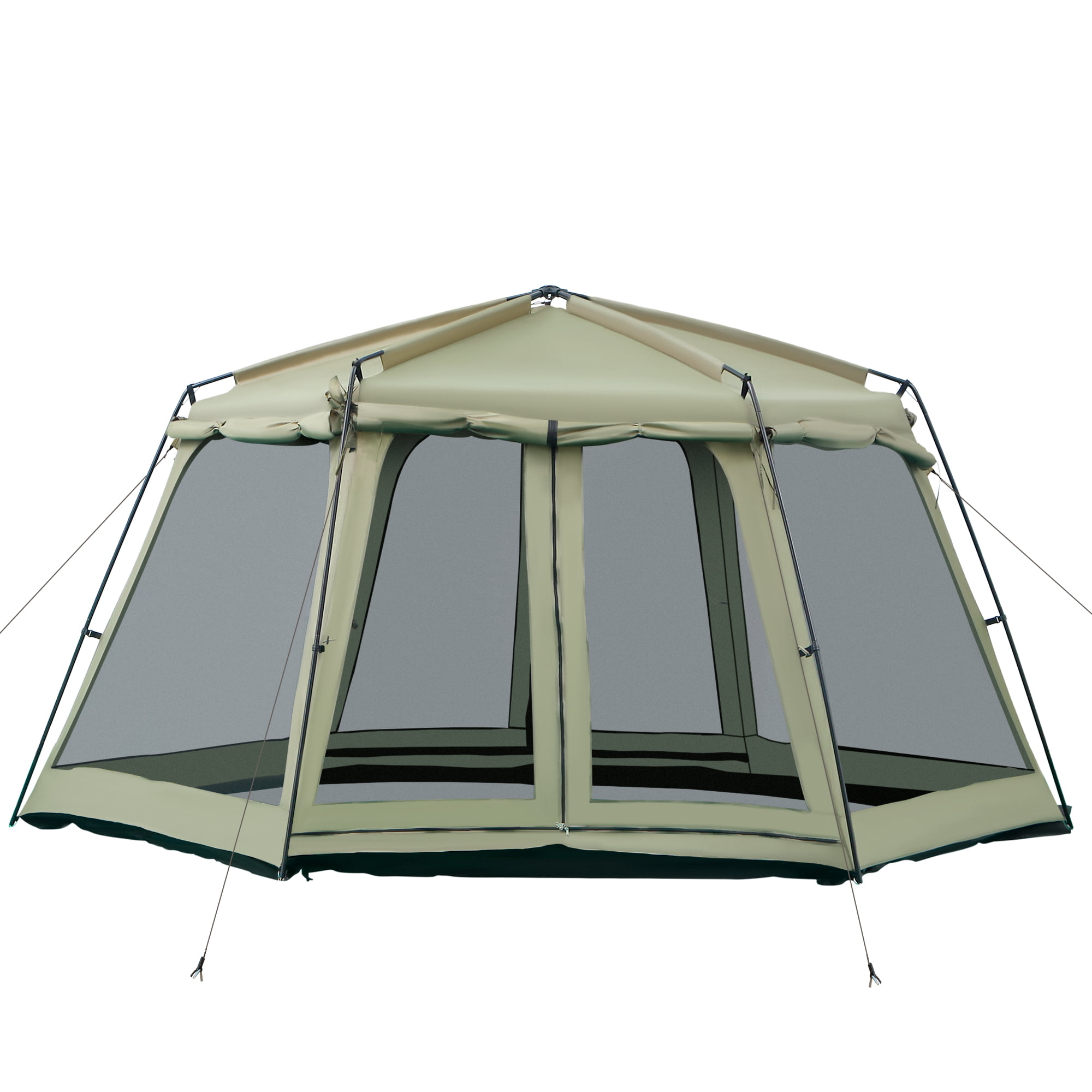 Outsunny 8-10 Person Screen House Room Instant Camping Canopy. Wind Resistant Hexagon Design Screen Shelter Family Tent. Screened Mesh . Waterproof for Hiking. Hunting. Fishing. Army Green