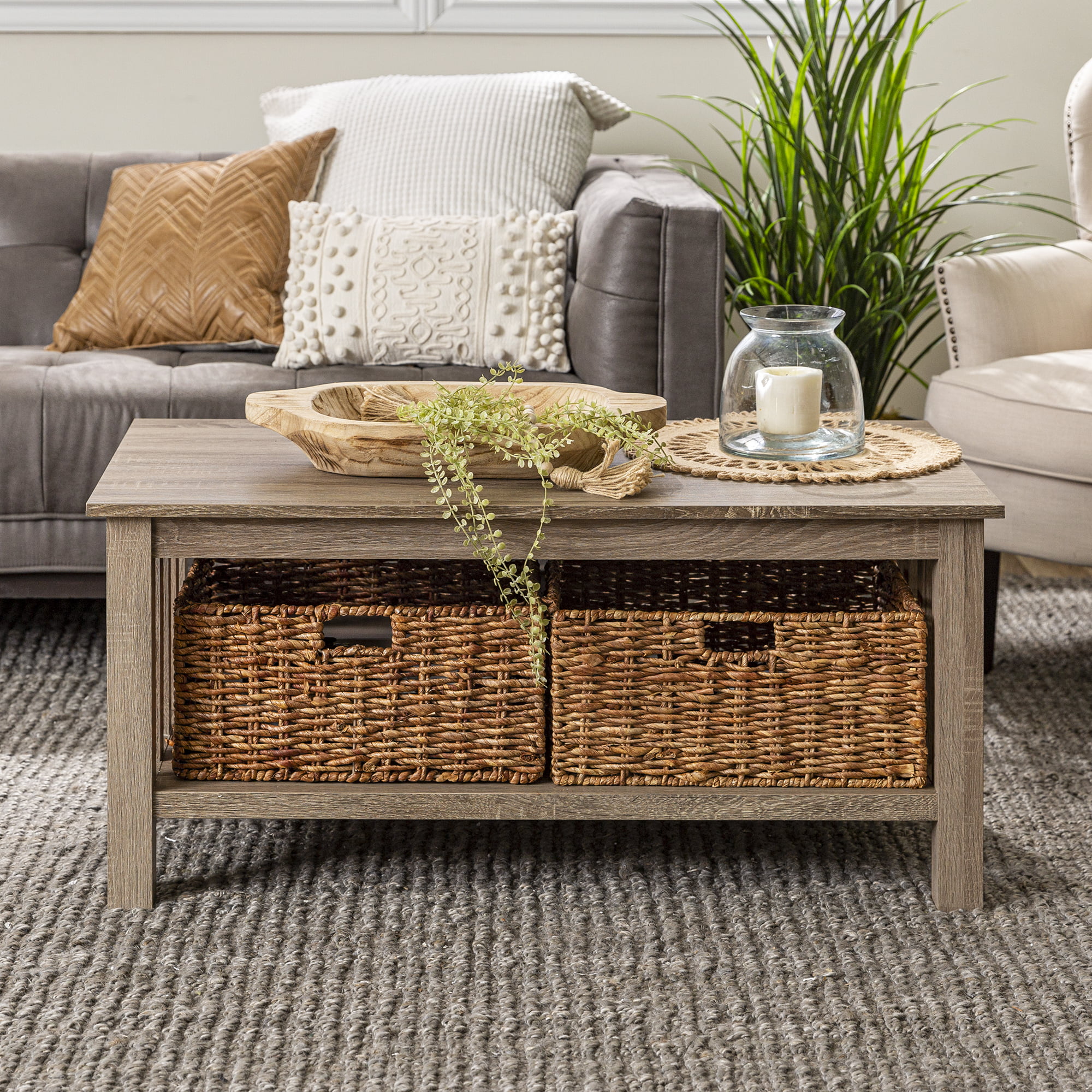 Woven Paths Traditional Storage Coffee Table with Bins. Driftwood
