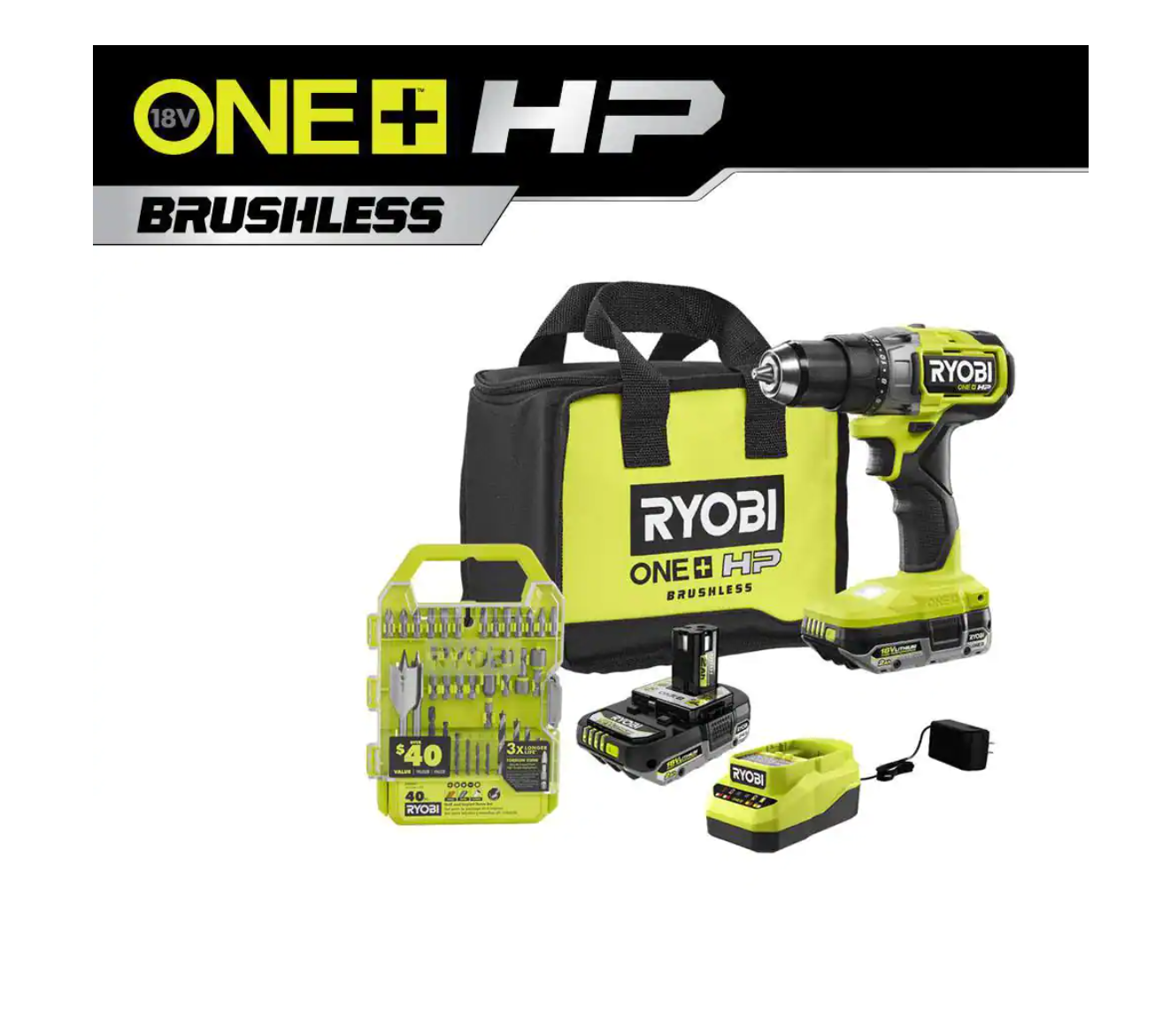RYOBI PBLDD01K-A98401 ONE+ HP 18V Brushless Cordless 1/2 in. Drill/Driver Kit w/(2) Batteries. Charger. Bag. & Drill/Drive Kit (40-Piece)