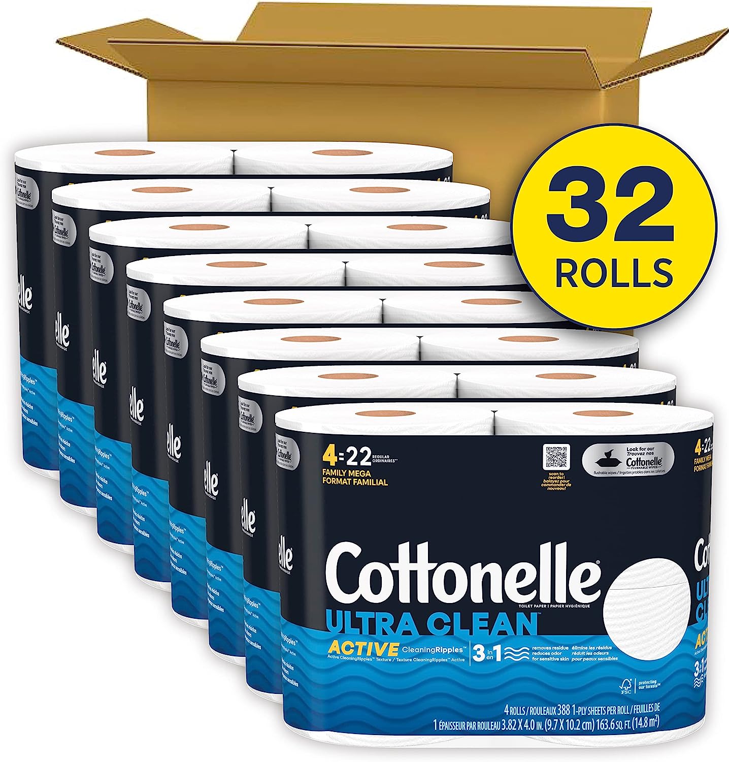 Cottonelle Ultra Clean Toilet Paper with Active CleaningRipples Texture. Strong Bath Tissue. 32 Family Mega Rolls (32 Family Mega Rolls = 176 Regular Rolls) (8 Packs of 4). 388 Sheets per Roll