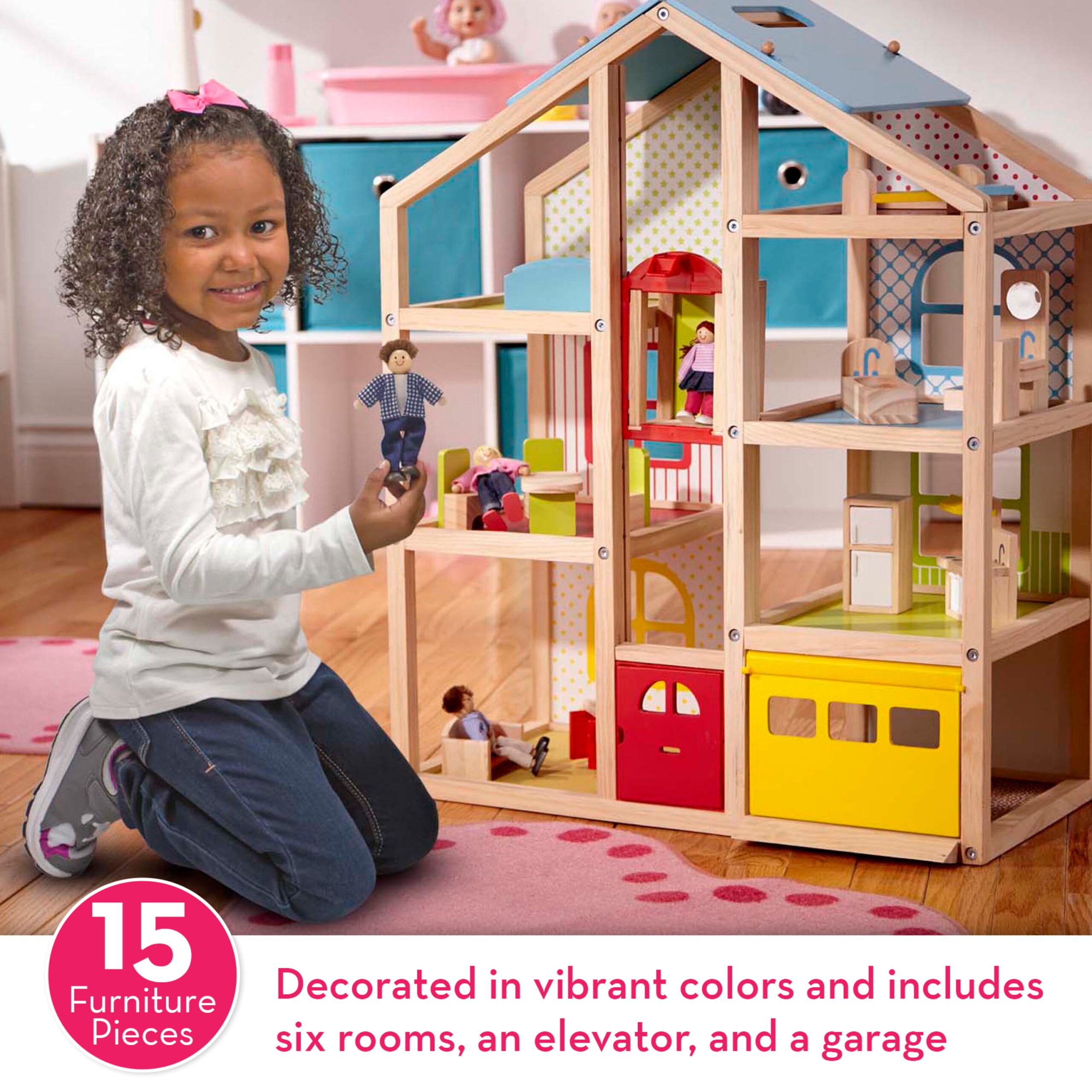 Melissa & Doug Wooden Hi-Rise Dollhouse With 15 Furniture Pieces. Garage. Working Elevator